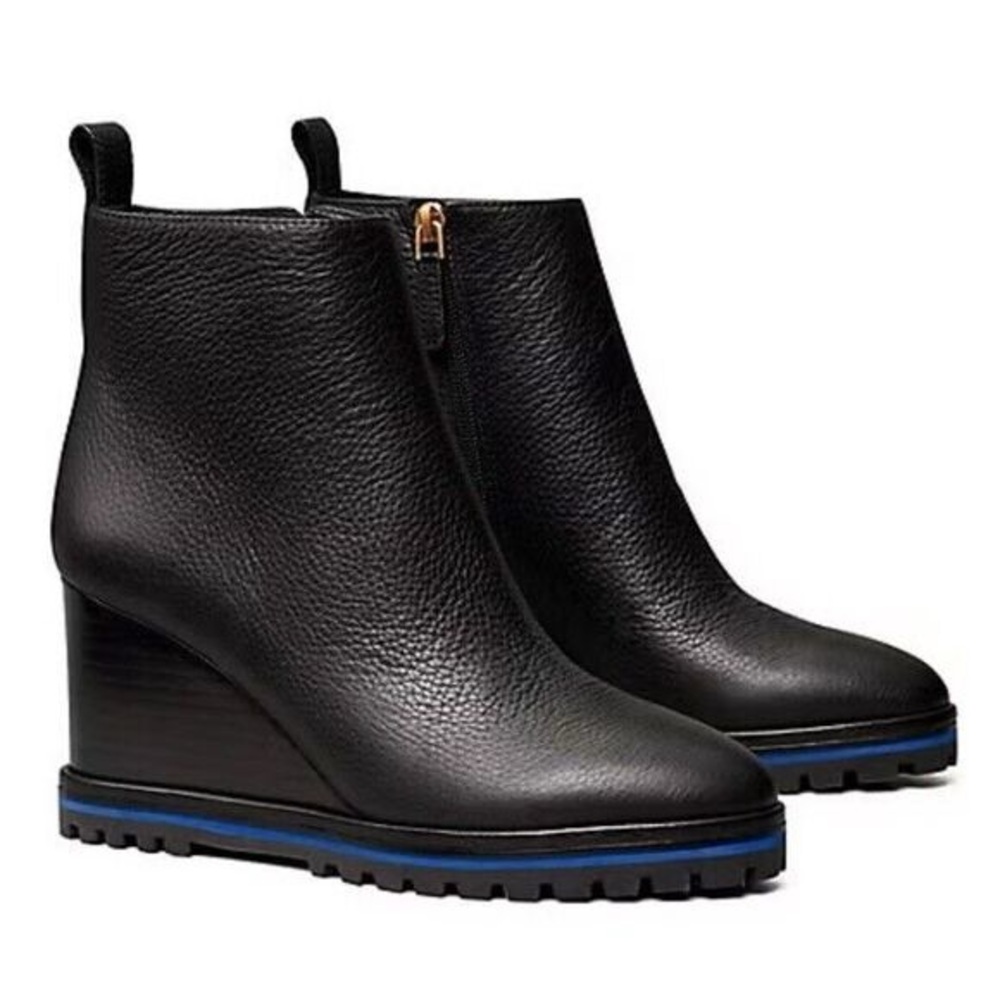 Tory Burch Black and Blue Wedge Boots - Picture 2 of 7